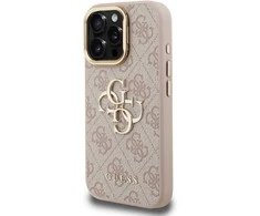 Guess PU 4G Metal Logo Stand Camera Frame dėklas skirtas Apple iPhone 15 Pro Max rožinės spalvos