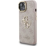 Guess PU 4G Metal Logo Stand Camera Frame dėklas skirtas Apple iPhone 15 rožinės spalvos