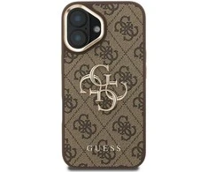 Guess PU 4G Metal Logo Stand Camera Frame dėklas skirtas Apple iPhone 16 rudos spalvos
