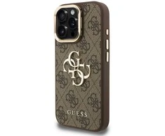 Guess PU 4G Metal Logo Stand Camera Frame dėklas skirtas Apple iPhone 15 Pro Max rudos spalvos