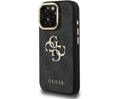 Guess PU 4G Metal Logo Stand Camera Frame dėklas skirtas Apple iPhone 15 Pro Max juodos spalvos