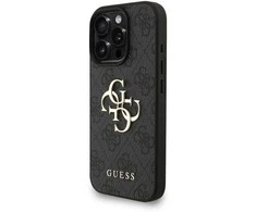 Guess PU 4G Metal Logo Strap dėklas skirtas Apple iPhone 16 Pro Max juodos spalvos