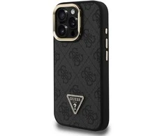 Guess PU 4G Strass Triangle Logo Stand Camera Frame MagSafe dėklas skirtas Apple iPhone 15 Pro Max juodos spalvos