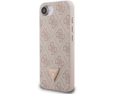 Guess PU 4G Strass Triangle Metal Logo dėklas Apple iPhone 16e rožinės spalvos