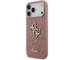 Guess PU Fixed Glitter 4G Metal Logo dėklas skirtas Apple iPhone 17 Pro Max rožinės spalvos