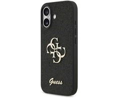 Guess PU Fixed Glitter 4G Metal Logo dėklas skirtas Apple iPhone 17 juodos spalvos
