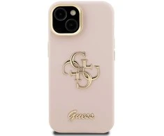 Guess PU Grained 4G Logo Stand Camera Frame dėklas skirtas Apple iPhone 15 rožinės spalvos