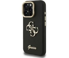 Guess PU Grained 4G Logo Stand Camera Frame dėklas skirtas Apple iPhone 15 Pro juodos spalvos