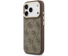Guess PU Leather 4G Gold Frame MagSafe dėklas skirtas Apple iPhone 17 Pro rudos spalvos