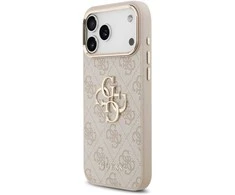 Guess PU Leather 4G Metal Logo Gold Frame dėklas skirtas Apple iPhone 17 Pro Max rožinės spalvos