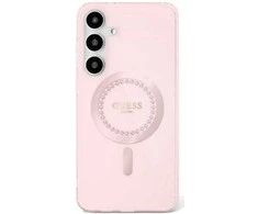 Dėklas Guess Rhinestones Printed Classic Logo MagSafe Samsung Galaxy S25 rožinės spalvos