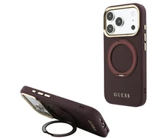 Guess Ring Stand 360 Grained Classic Logo MagSafe dėklas, skirtas iPhone 18 Pro / 17 Pro, bordo spalvos