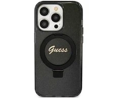 Guess GUHMP12MHRSGSK Apple iPhone 12/12 Pro 6.1″ juodos spalvos kietas dėklas Ring Stand Script Glitter MagSafe