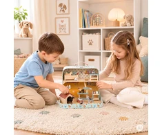 Gyvūnų prekių parduotuvė lagamine, dviaukštė, mediniai baldai, 23 priedų rinkinys ECOTOYS