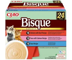 INABA Ciao Bisque Creamy soup with tuna, vištiena, jautiena and lašiša – skanėstas katėms – 24x40g