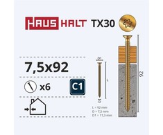 Inkariniai staktų varžtai Haushalt, 7,5 x 92 mm, 6 vnt.