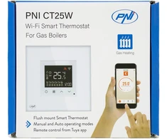Išmanusis termostatas PNI CT25W WiFi dujiniam šildymo katilui, montuojamas į sieną, 16A, valdymas per „Tuya Smart“ programėlę, dieninis programavimas, rankinis/automatinis režimas, balta spalva