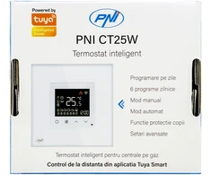 Išmanusis termostatas PNI CT25W WiFi dujiniam šildymo katilui, montuojamas į sieną, 16A, valdymas per „Tuya Smart“ programėlę, dieninis programavimas, rankinis/automatinis režimas, balta spalva