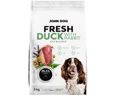 Šunų maistas - JOHN DOG Šviežia antis su triušiu 3kg, 35% baltymų, begrūdis