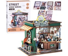 Jokomisiada Wooden 3D Dėlionė Building series Cafe 120 elements lighting ZA6012