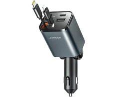 Joyroom JR-CCL05 30W 4 viename automobilinis įkroviklis su 2 įmontuotais ištraukiamais laidais – pilkos spalvos