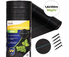 Juodas UV spinduliams atsparus agroaudinys 90 g/m², piktžolių kontrolės danga 1,6×100 m, smeigės, MultiGarden