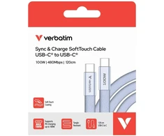 Kabelis Verbatim Sync &amp; Charge SoftTouch USB-C į USB-C 100W PD3.0 120cm violetinės spalvos 30278