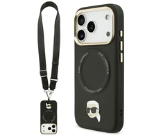 Karl Lagerfeld Big Strap Karl Metal Logo MagSafe dėklas skirtas iPhone 17 Pro juodos spalvos