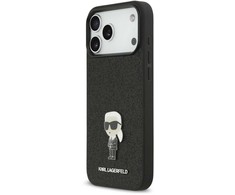 Karl Lagerfeld Fixed Glitter Metal Ikonik dėklas skirtas Apple iPhone 17 Pro Max juodos spalvos