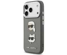 Karl Lagerfeld FW Grained Karl &amp; Choupette Heads Pins &amp; Logo dėklas skirtas Apple iPhone 17 Pro pilkos spalvos