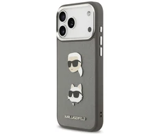 Karl Lagerfeld FW Grained Karl &amp; Choupette Heads Pins &amp; Logo dėklas skirtas Apple iPhone 17 Pro Max pilkos spalvos