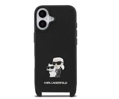 Karl Lagerfeld Saffiano Crossbody Strap Metal Karl and Choupette dėklas skirtas Apple iPhone 17 juodos spalvos