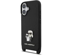 Karl Lagerfeld Saffiano Crossbody Strap Metal Karl and Choupette dėklas skirtas Apple iPhone 17 juodos spalvos