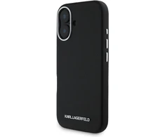 Dėklas Karl Lagerfeld Saffiano Full Wrapped Elongated Metal Logo MagSafe iPhone 16, juodos spalvos