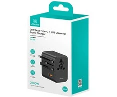 Kelioninis įkroviklis USAMS CC309 2xUSB-C 25W 4in1 US/AU/EU/UK juodos spalvos