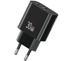 Laidinis įkroviklis USAMS CC316 T65 30W 1xUSB-C 1xUSB-A Fast Charging juodos spalvos