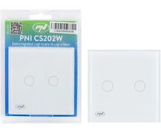 Laiptinis jungiklis ir dvigubas kryžminis jungiklis su PNI CS202W stikliniu jutikliniu paviršiumi, baltas su LED indikatoriumi, 800W / jungiklis