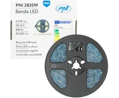 LED juosta PNI 2835W, šaltai balta, IP20, silikoninė, 5 metrų ilgio, jutiklinis mygtukas, maitinimo šaltinis 230V, reguliuojamo ryškumo, 300 LED 2835