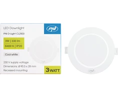 LED prožektorius PNI D-Light CL2503 3W, įleidžiamas, apvalus 9 cm, 6400K, 230V maitinimo šaltinis, 330 lm, šaltai balta spalva