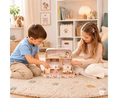 Lėlių namelis lagaminėlyje, dviaukštis, su mediniais baldais, 20 priedų rinkinys ECOTOYS