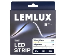 Lemlux LED juosta, 5m ritė, 12Vdc, 11W/m, COB 480LED/m, 1100lm, šiltai balta 3000K, IP20, 180°