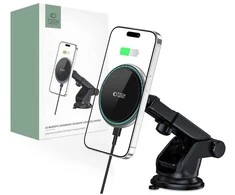 Magnetinis automobilinis laikiklis MagSafe su 15W indukcinis įkrovimas priekiniam stiklui / prietaisų skydeliui teleskopinė rankena Tech-Protect A2 juodos spalvos