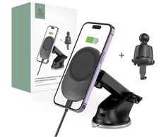 Magnetinis automobilinis laikiklis MagSafe su 15W indukciniu prietaisų skydelio / ventiliacijos grotelių įkrovimu Teleskopinė rankena Tech-Protect mm15W-V1 juodos spalvos