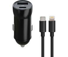 Maxlife MXCC-04 PD QC automobilinis įkroviklis 1x USB-C 1x USB 20W juodas + USB-C – Lightning laidas 27W