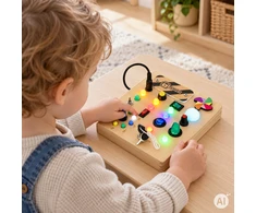 Medinė interaktyvi lavinamoji lenta su jungikliais ir LED lemputėmis ECOTOYS
