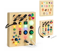 Medinė interaktyvi lavinamoji lenta su jungikliais ir LED lemputėmis ECOTOYS