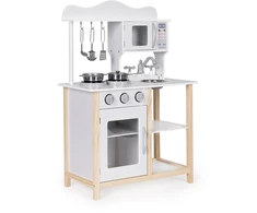 Medinė vaikiška virtuvėlė su orkaite ir maisto gaminimo priedais, balta, ECOTOYS