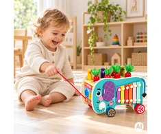 Medinis 8-in-1 drambliuko formos lavinamasis kubas su vaikštyne, formų rūšiuokliu, ksilofonu ir kirmėlių žvejyba ECOTOYS
