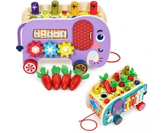 Medinis 8-in-1 drambliuko formos lavinamasis kubas su vaikštyne, formų rūšiuokliu, ksilofonu ir kirmėlių žvejyba ECOTOYS