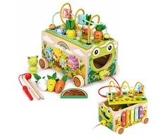 Medinis 8-in-1 varlės formos lavinamasis kubas su vaikštyne, formų rūšiuokliu, ksilofonu ir kirmėlių žvejyba ECOTOYS